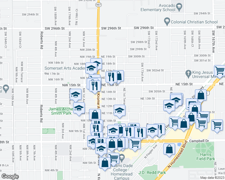map of restaurants, bars, coffee shops, grocery stores, and more near 91 Northeast 14th Street in Homestead