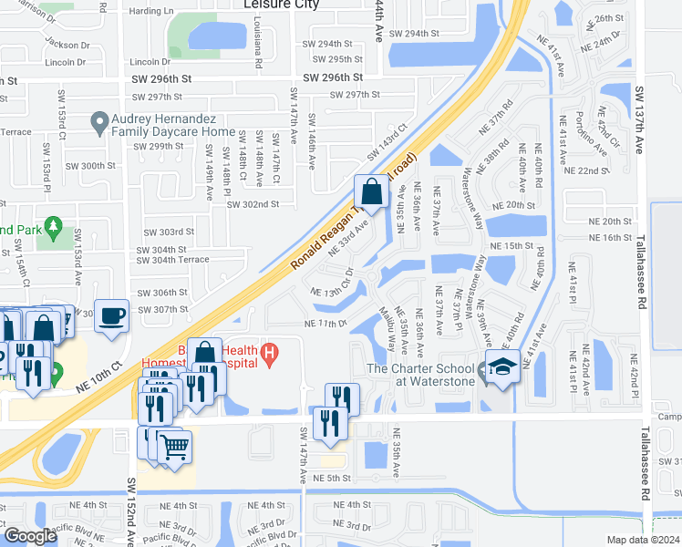 map of restaurants, bars, coffee shops, grocery stores, and more near 3355 Northeast 13th Circle Drive in Homestead