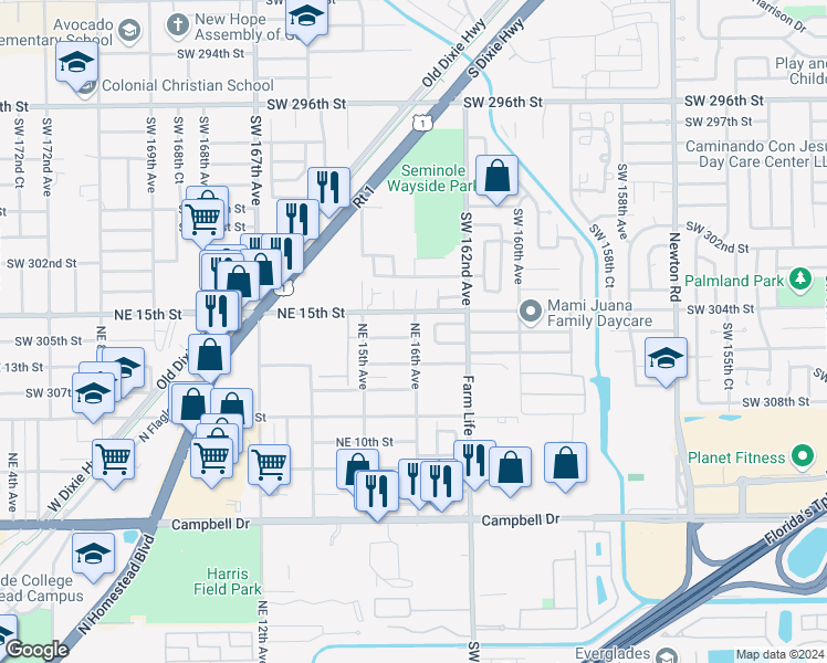 map of restaurants, bars, coffee shops, grocery stores, and more near 1422 Northeast 16th Avenue in Homestead