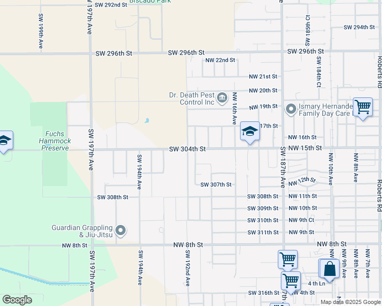 map of restaurants, bars, coffee shops, grocery stores, and more near 19200 Southwest 304th Street in Homestead