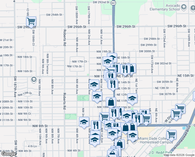 map of restaurants, bars, coffee shops, grocery stores, and more near 1333 Northwest 1st Avenue in Homestead