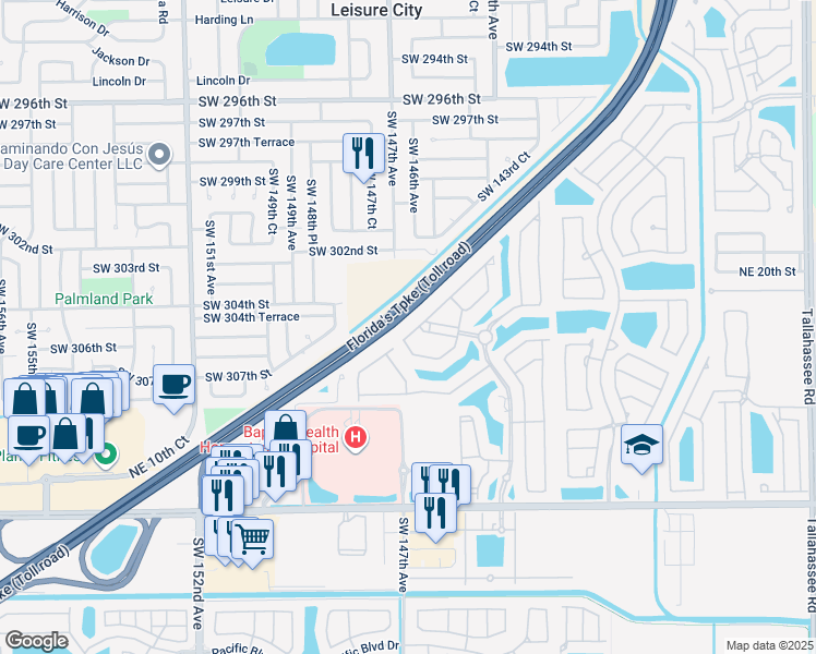 map of restaurants, bars, coffee shops, grocery stores, and more near 1250 Northeast 32nd Avenue in Homestead