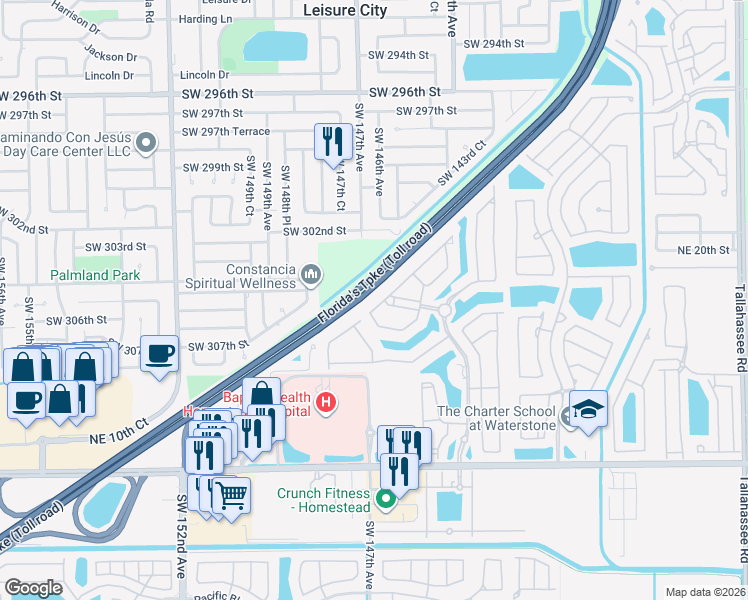 map of restaurants, bars, coffee shops, grocery stores, and more near 1250 Northeast 32nd Avenue in Homestead