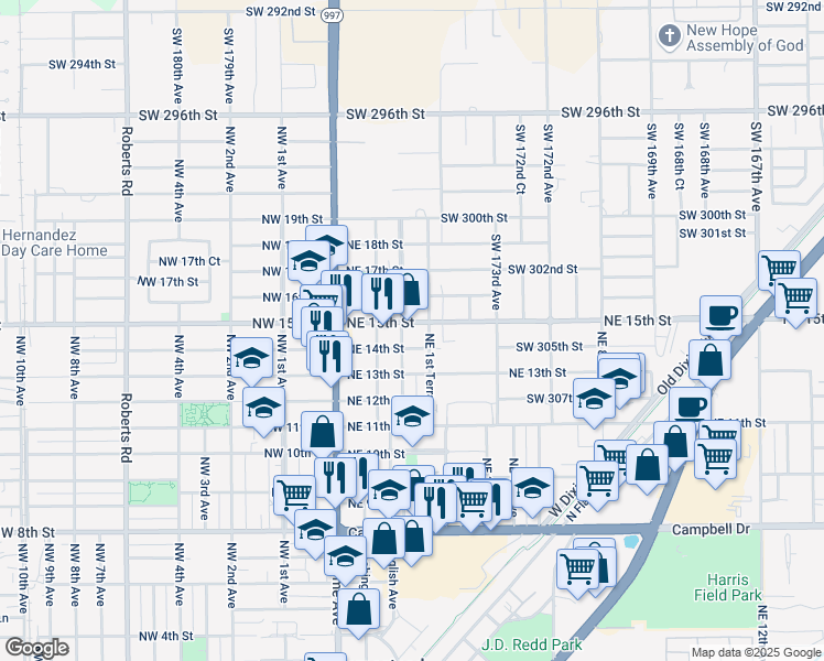 map of restaurants, bars, coffee shops, grocery stores, and more near 1344 Northeast 1st Avenue in Homestead