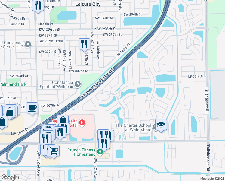 map of restaurants, bars, coffee shops, grocery stores, and more near 1555 Northeast 33rd Road in Homestead