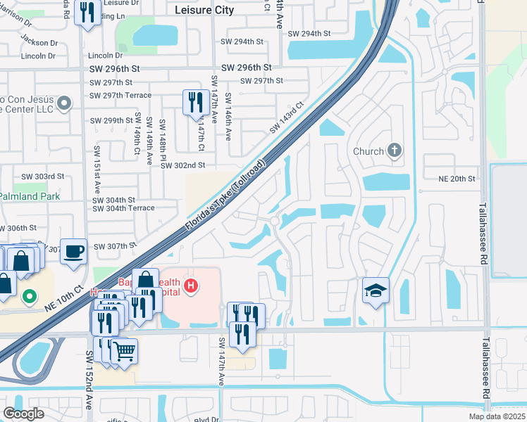 map of restaurants, bars, coffee shops, grocery stores, and more near 1555 Northeast 33rd Road in Homestead