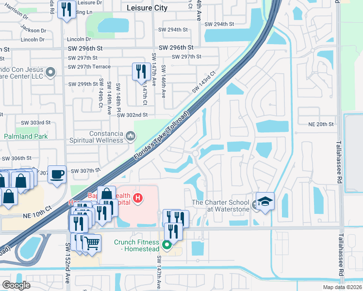 map of restaurants, bars, coffee shops, grocery stores, and more near 1555 Northeast 33rd Road in Homestead
