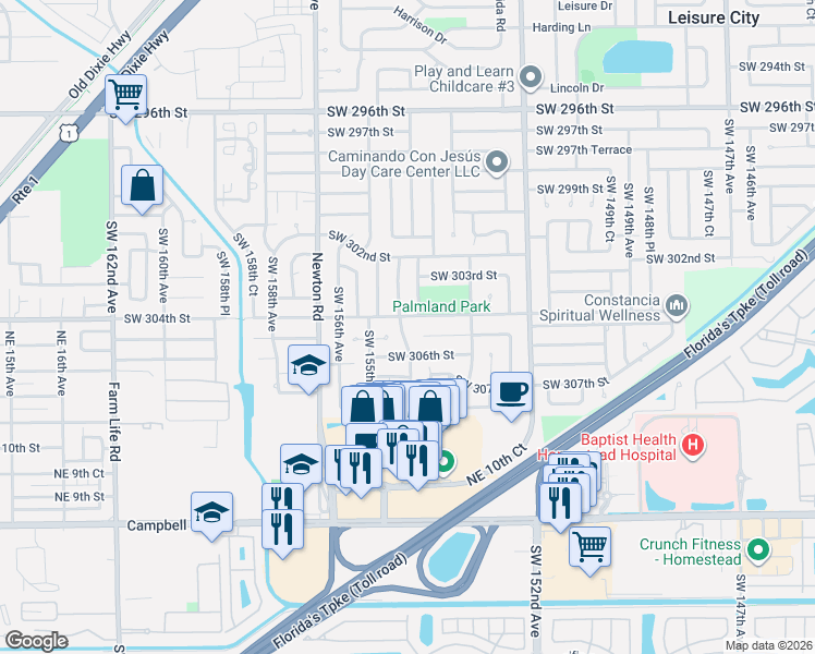 map of restaurants, bars, coffee shops, grocery stores, and more near 15431 Southwest 304th Street in Homestead