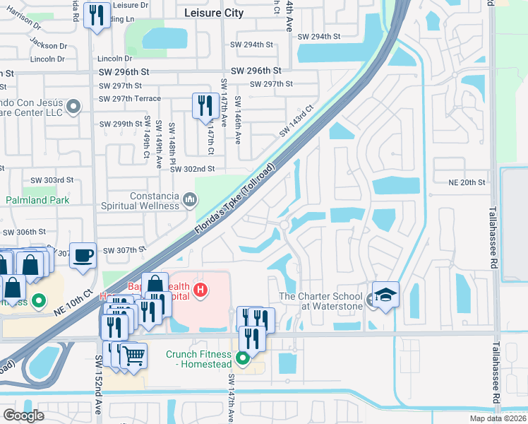 map of restaurants, bars, coffee shops, grocery stores, and more near 1555 Northeast 33rd Road in Homestead