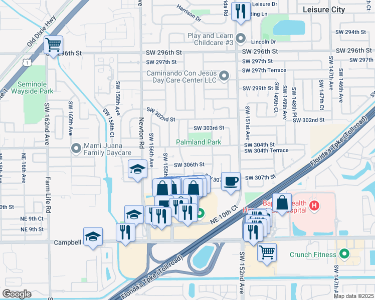 map of restaurants, bars, coffee shops, grocery stores, and more near 15399 Southwest 304th Street in Homestead