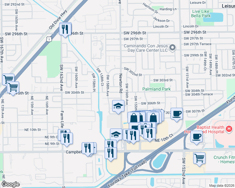 map of restaurants, bars, coffee shops, grocery stores, and more near 15701 Southwest 304th Street in Homestead