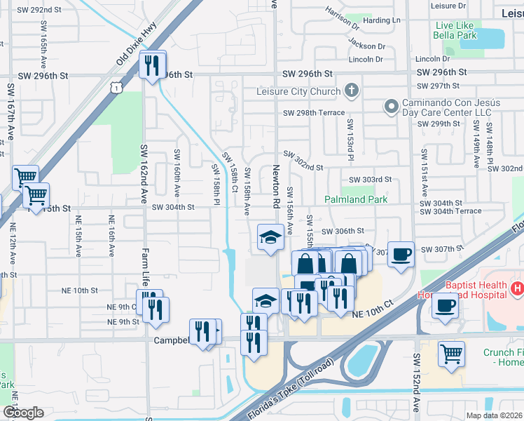 map of restaurants, bars, coffee shops, grocery stores, and more near 15701 Southwest 304th Street in Homestead