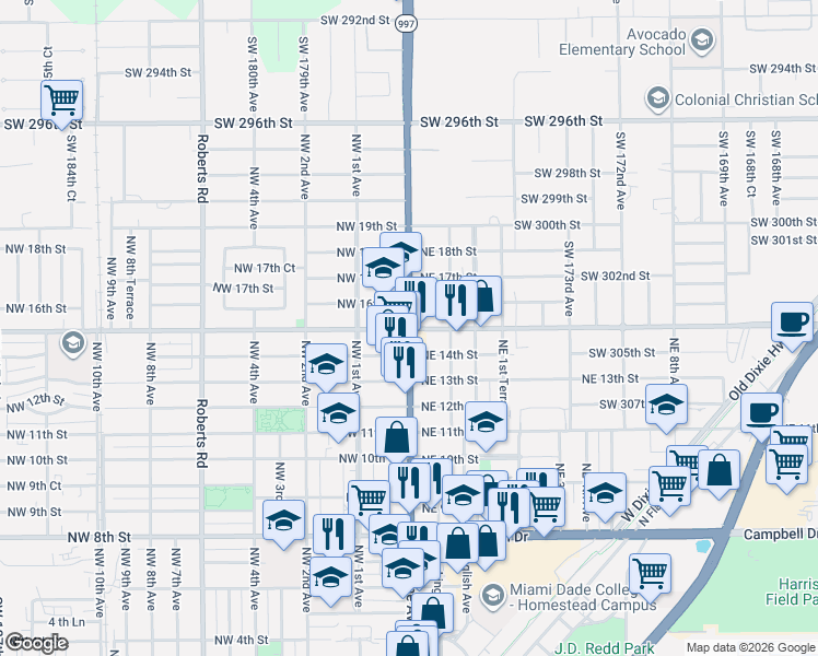 map of restaurants, bars, coffee shops, grocery stores, and more near 11 Northwest 15th Street in Homestead