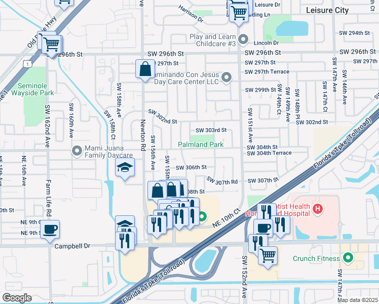 map of restaurants, bars, coffee shops, grocery stores, and more near 15399 Southwest 304th Street in Homestead