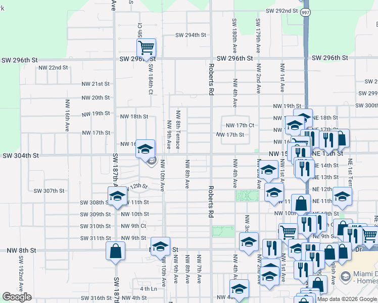 map of restaurants, bars, coffee shops, grocery stores, and more near 730 Northwest 16th Street in Homestead