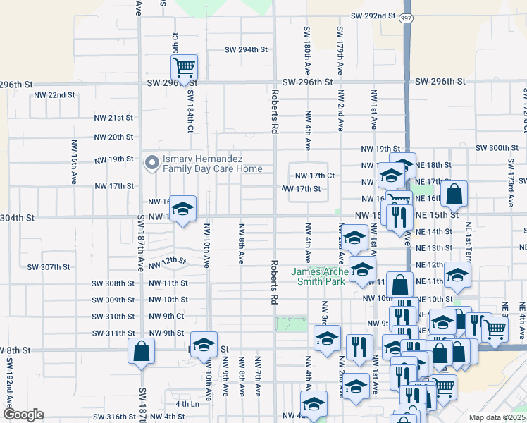map of restaurants, bars, coffee shops, grocery stores, and more near 730 Northwest 16th Street in Homestead