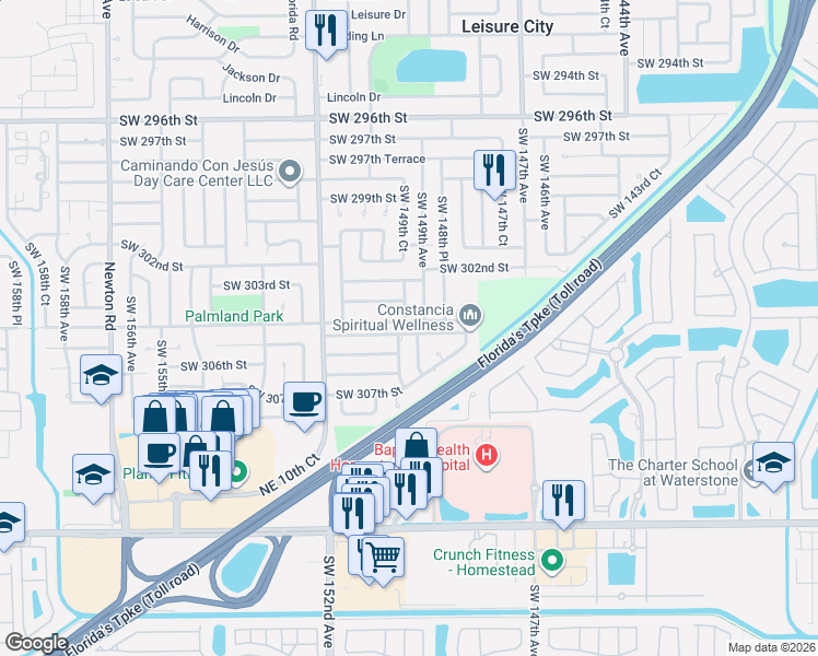 map of restaurants, bars, coffee shops, grocery stores, and more near 30323 Southwest 149th Court in Homestead