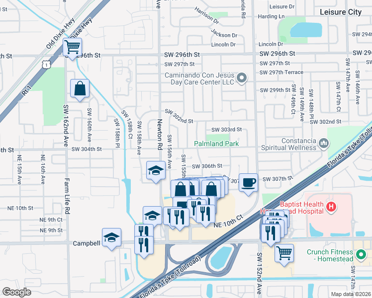 map of restaurants, bars, coffee shops, grocery stores, and more near 15431 Southwest 304th Street in Homestead