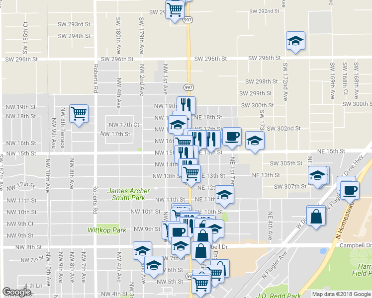 map of restaurants, bars, coffee shops, grocery stores, and more near 11 Northwest 15th Street in Homestead