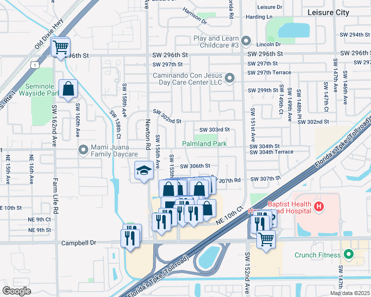 map of restaurants, bars, coffee shops, grocery stores, and more near 15399 Southwest 304th Street in Homestead