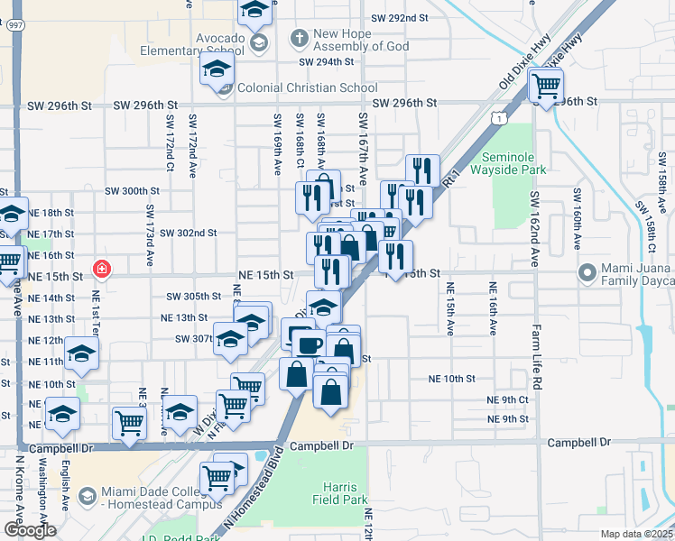 map of restaurants, bars, coffee shops, grocery stores, and more near 30392 Old Dixie Highway in Homestead