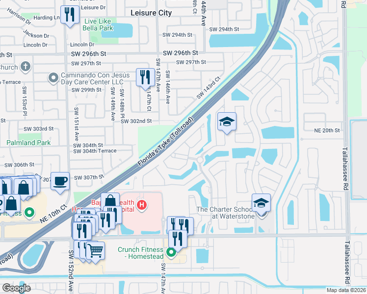map of restaurants, bars, coffee shops, grocery stores, and more near 1480 Northeast 33rd Avenue in Homestead