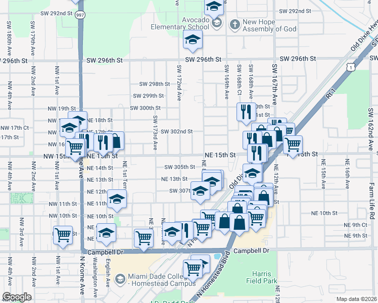 map of restaurants, bars, coffee shops, grocery stores, and more near 30340 Southwest 171st Avenue in Homestead