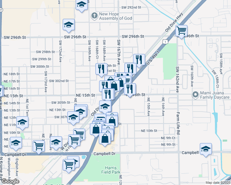 map of restaurants, bars, coffee shops, grocery stores, and more near 30378 South Dixie Highway in Homestead