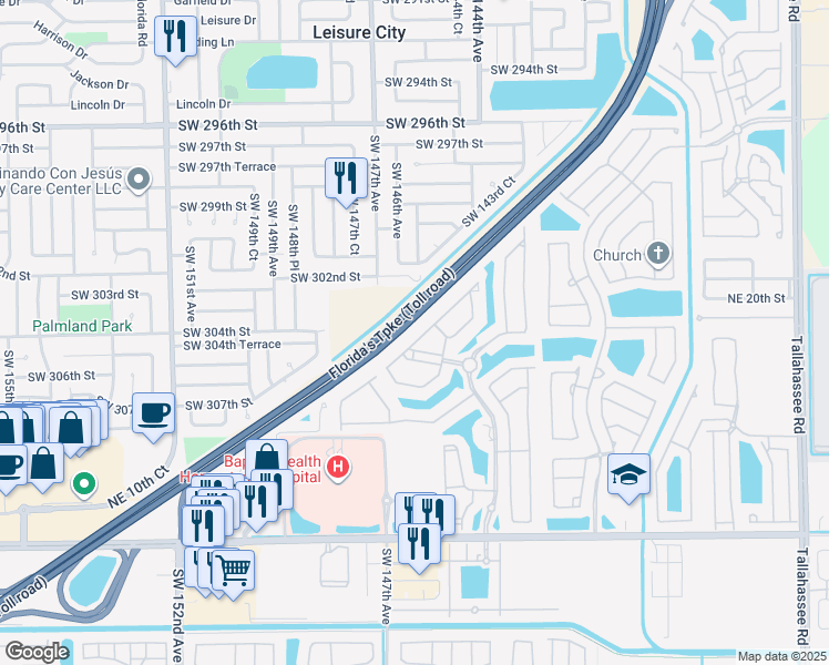map of restaurants, bars, coffee shops, grocery stores, and more near 1480 Northeast 33rd Avenue in Homestead