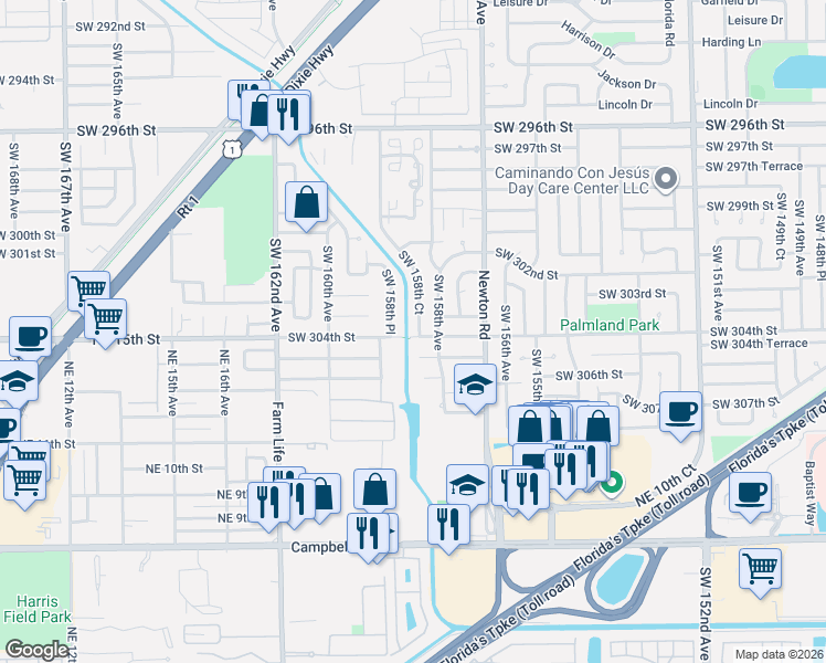 map of restaurants, bars, coffee shops, grocery stores, and more near 30337 Southwest 158th Place in Homestead