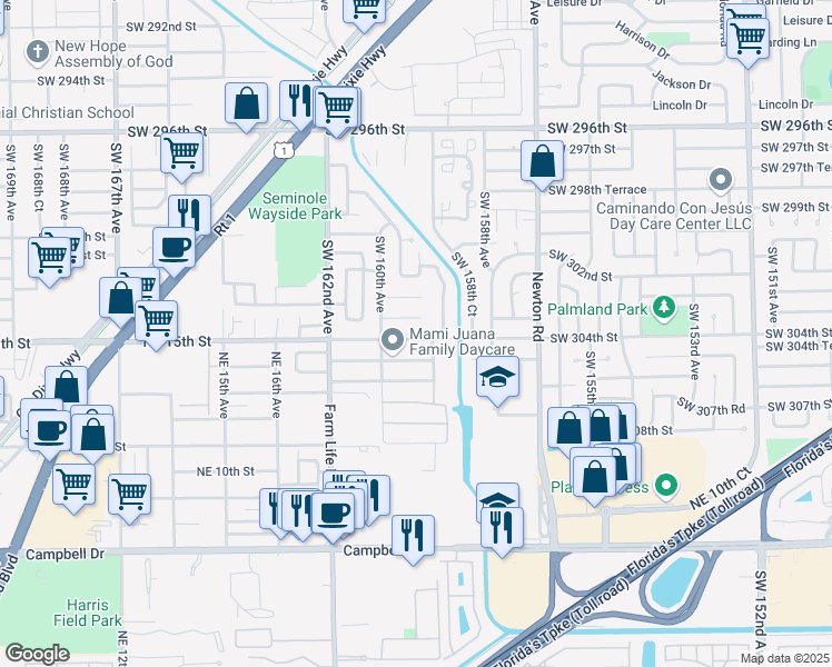 map of restaurants, bars, coffee shops, grocery stores, and more near 15945 Southwest 304th Street in Homestead
