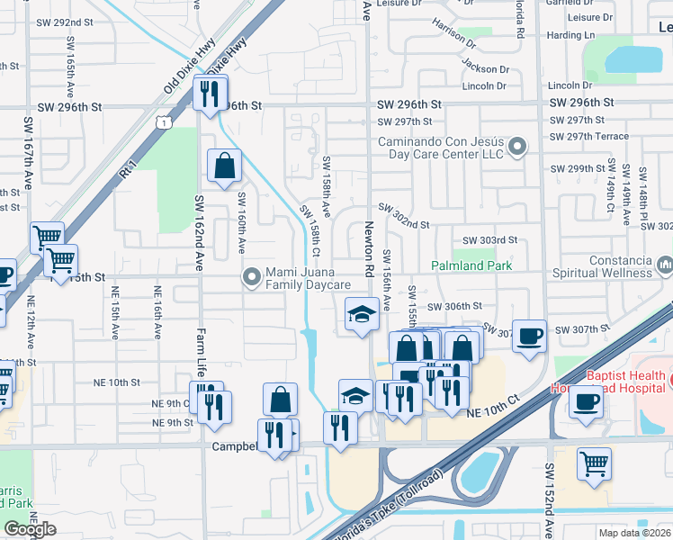 map of restaurants, bars, coffee shops, grocery stores, and more near 15761 Southwest 304th Street in Homestead