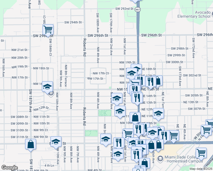 map of restaurants, bars, coffee shops, grocery stores, and more near 300 Northwest 16th Street in Homestead