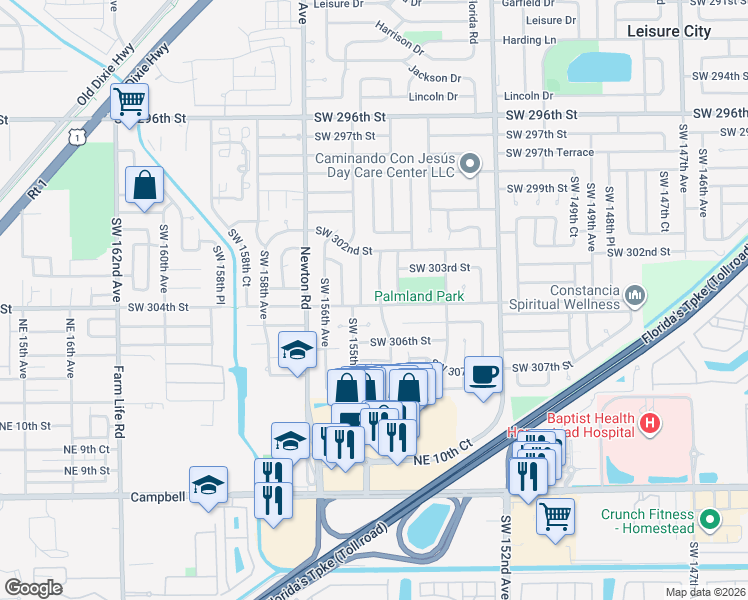 map of restaurants, bars, coffee shops, grocery stores, and more near 15431 Southwest 304th Street in Homestead