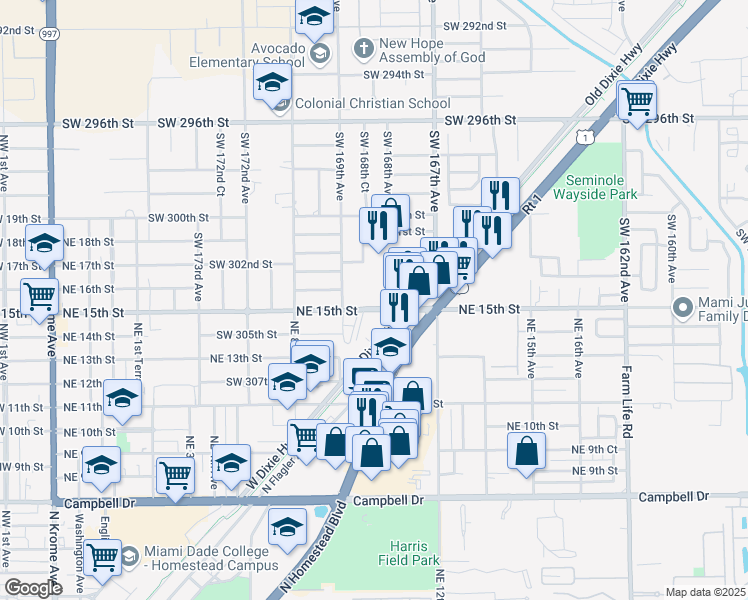 map of restaurants, bars, coffee shops, grocery stores, and more near 30392 Old Dixie Highway in Homestead