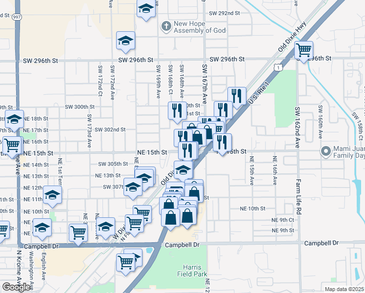map of restaurants, bars, coffee shops, grocery stores, and more near 30392 Old Dixie Highway in Homestead