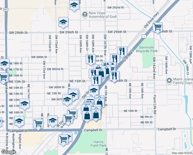 map of restaurants, bars, coffee shops, grocery stores, and more near 30392 Old Dixie Highway in Homestead