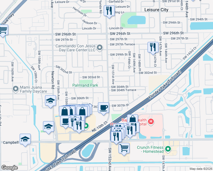 map of restaurants, bars, coffee shops, grocery stores, and more near 30360 Southwest 152nd Avenue in Homestead