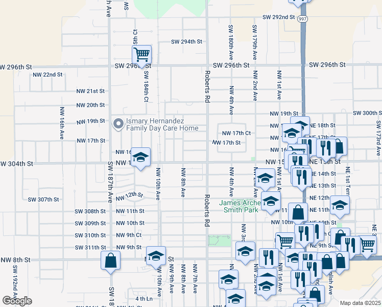 map of restaurants, bars, coffee shops, grocery stores, and more near 730 Northwest 16th Street in Homestead