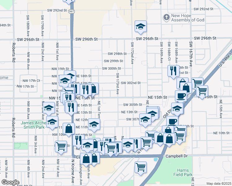 map of restaurants, bars, coffee shops, grocery stores, and more near 325 Northeast 15th Street in Homestead