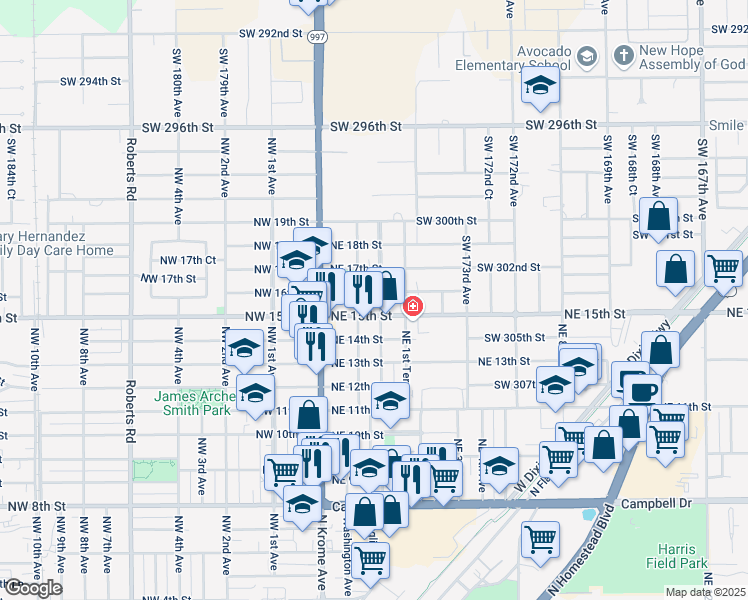 map of restaurants, bars, coffee shops, grocery stores, and more near 94 Northeast 16th Street in Homestead