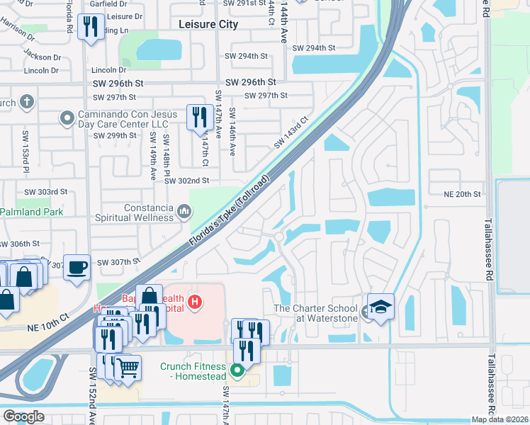 map of restaurants, bars, coffee shops, grocery stores, and more near 1555 Northeast 33rd Road in Homestead