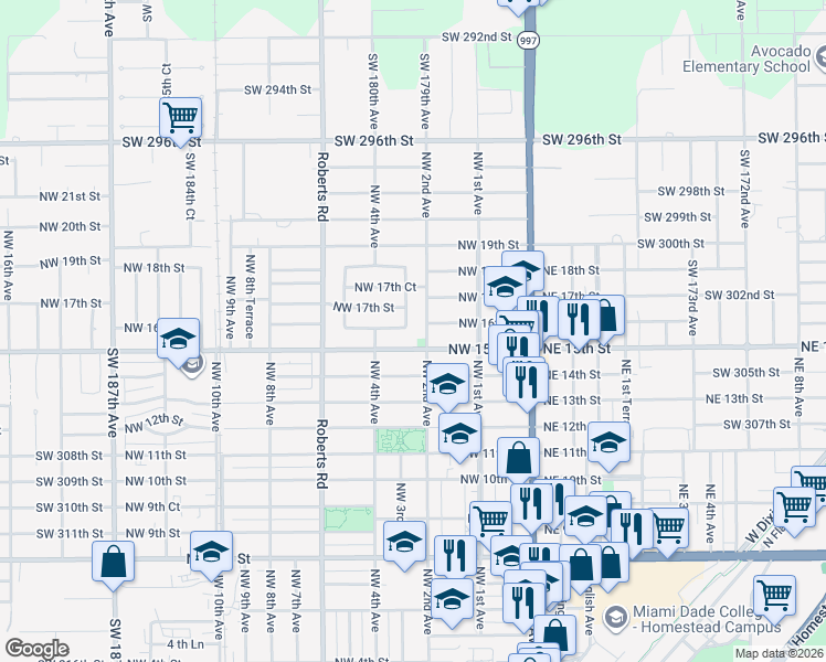 map of restaurants, bars, coffee shops, grocery stores, and more near 300 Northwest 16th Street in Homestead