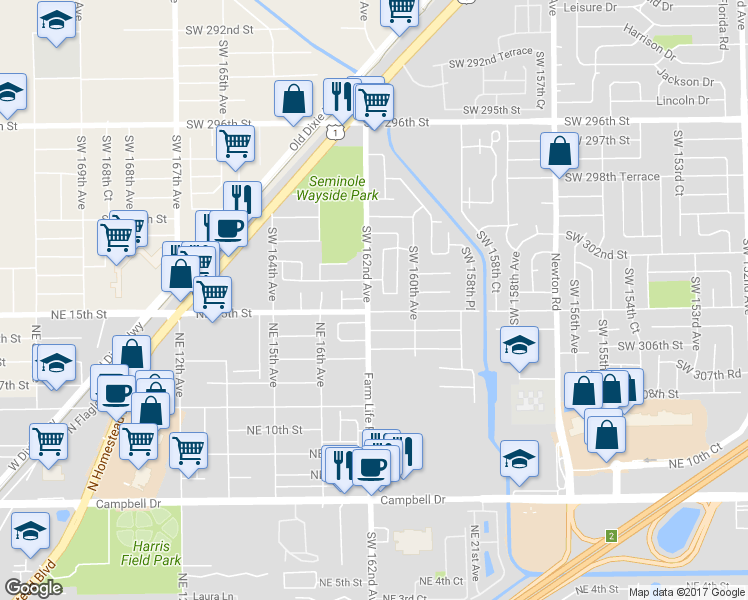 map of restaurants, bars, coffee shops, grocery stores, and more near 30347 Southwest 162nd Avenue in Homestead