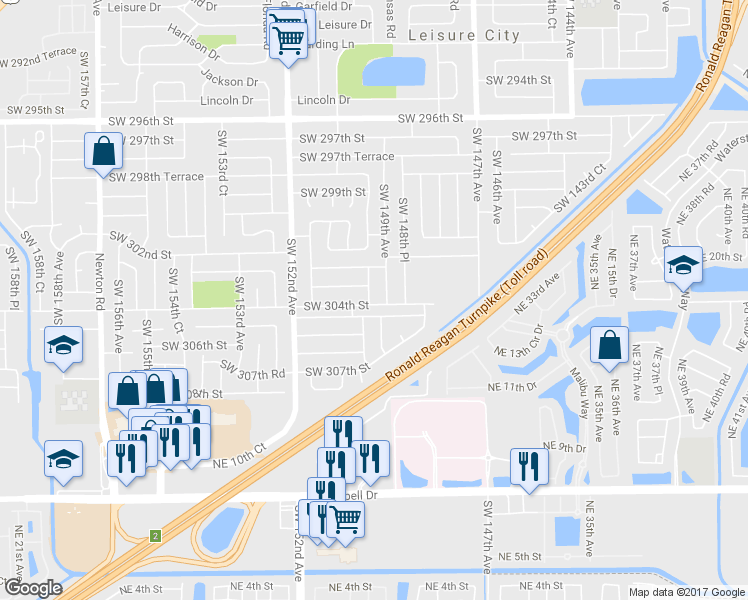map of restaurants, bars, coffee shops, grocery stores, and more near 30323 Southwest 149th Court in Homestead