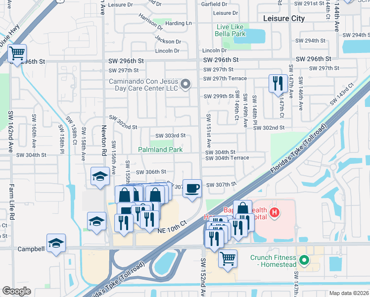 map of restaurants, bars, coffee shops, grocery stores, and more near 30354 Southwest 152nd Court in Homestead