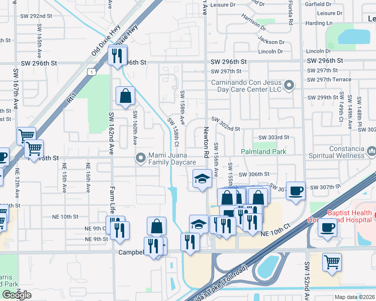 map of restaurants, bars, coffee shops, grocery stores, and more near 15761 Southwest 304th Street in Homestead