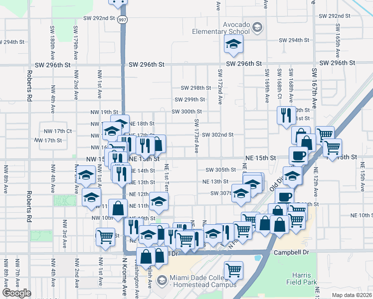 map of restaurants, bars, coffee shops, grocery stores, and more near 325 Northeast 15th Street in Homestead