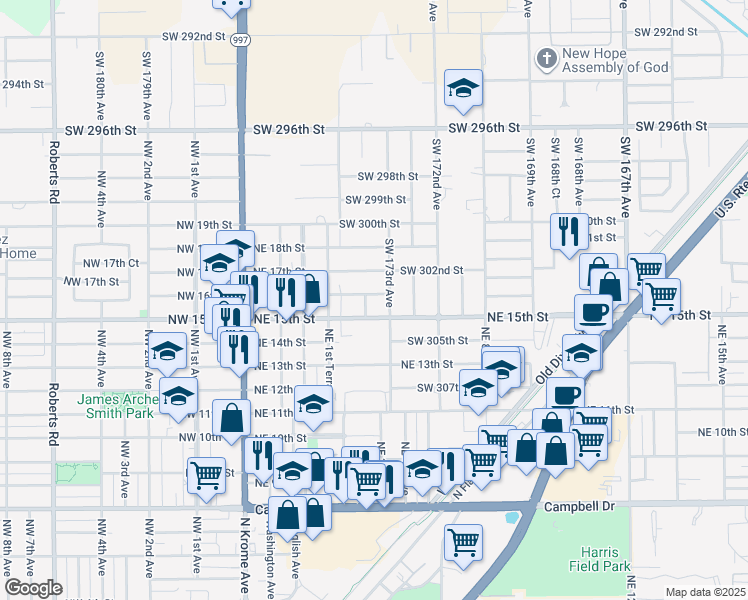 map of restaurants, bars, coffee shops, grocery stores, and more near 325 Northeast 15th Street in Homestead