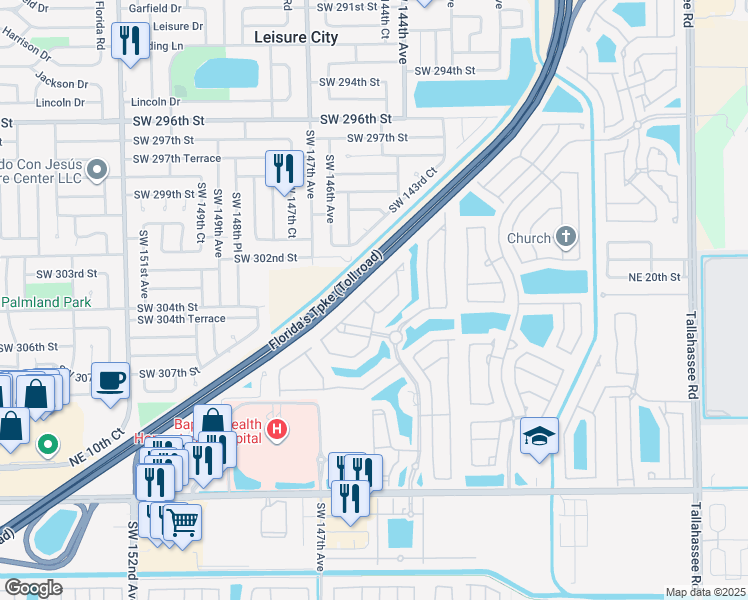 map of restaurants, bars, coffee shops, grocery stores, and more near 1575 Northeast 33rd Avenue in Homestead